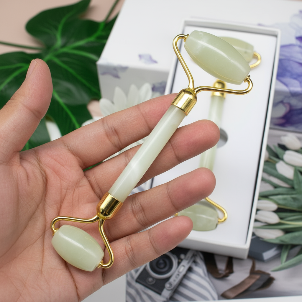 Dvostruki valjak od žada za masažu lica – prirodni žadni beauty alat za smanjenje otečenosti i blistavost kože﻿